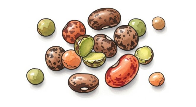 Detailed watercolor illustration showcasing a variety of colorful beans, legumes