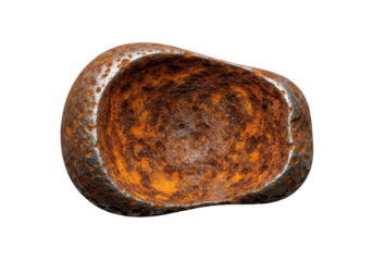 Sea-worn, deeply rusted metal piece with orange, reddish-brown, and dark umber hues, smooth rounded edges, highly detailed flakes, against a pristine transparent studio background. Stark authenticity