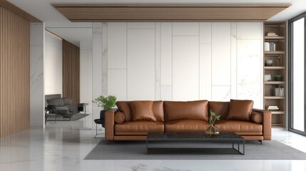 Modern interior with leather sofa, marble floor, and wooden accents in a bright space