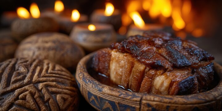 A mouthwatering roasted pork belly served in a rustic wooden bowl, ready to eat.