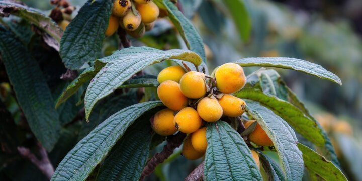 Vibrant loquat fruits hang from a tree branch, showcasing nature's delicious bounty.