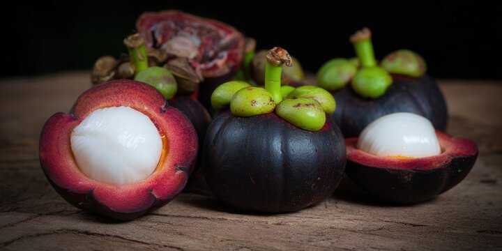 Juicy mangosteen fruits, a tropical delight, are arranged on rustic wood, ready to be enjoyed.
