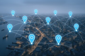 Connected Cityscape: Network of Location Pins Over Urban Center, Representing Technology and Global Connectivity