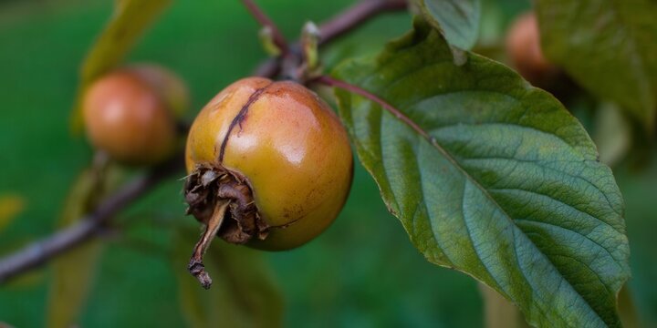 A close-up shot of a ripe loquat fruit on a branch with vibrant green leaves