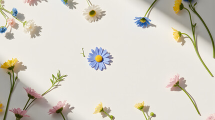 Colorful daisies scattered on white background with soft shadows