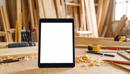 Tablet mockup in woodworking workshop with tools