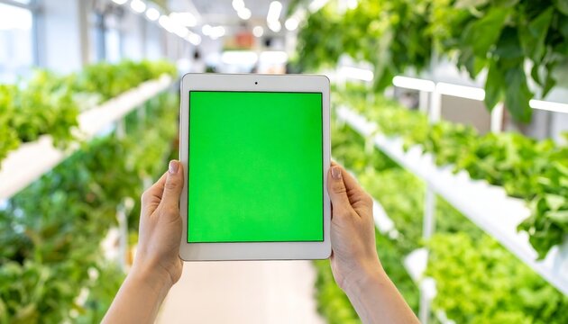 Hands holding tablet mockup in greenhouse among lettuce - Powered by Adobe