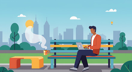 Modern Man Working Remotely on Laptop in Urban City Park with Skyline View, Enjoying Coffee and Flexible Work Lifestyle
