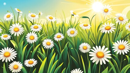Fototapeta premium Sunny Daisies Meadow: A vibrant illustration of a field brimming with daisies under a bright summer sun.