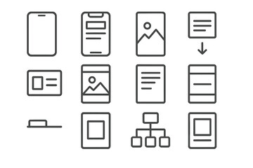 Wireframe Icon Grid. Outline vector icons of mobile app wireframes: phone outline, grayscale layout,