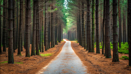 Straight asphalt road through a dense pine forest with tall trees path