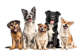 Five Happy Diverse Dogs Sitting Together isolated on a transparent background