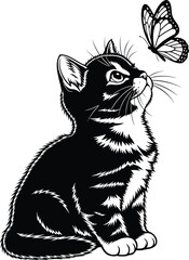 Curious little kitten gazes intently at a beautiful butterfly fluttering nearby in the sunshine