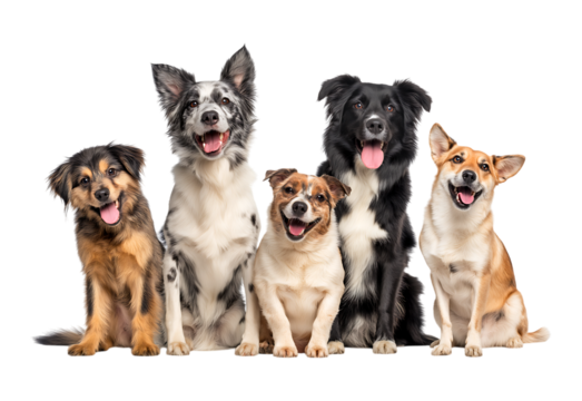 Five Happy Diverse Dogs Sitting Together isolated on a transparent background