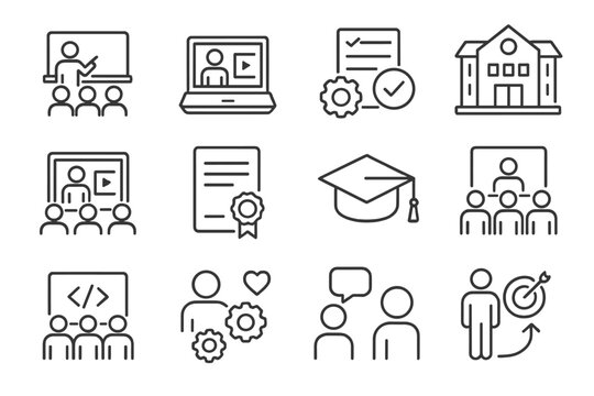 Workforce Education Icons. Outline icon set of workforce education: classroom board, laptop training, skill