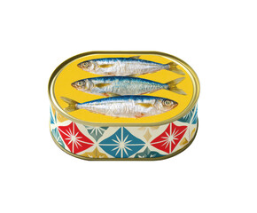 Decorative tin can with sardines displayed on colorful background, cut out transparent 
