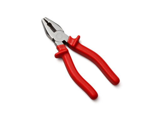 A pair of red handled combination pliers with metal jaws a versatile hand tool for gripping cutting and bending wires isolated on transparent background