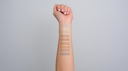Female arm displaying a range of skin tone swatches on a neutral background, showcasing diversity in beauty products and promoting inclusivity in cosmetics