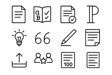 Writing Icon Set. Outline icon set of writing and essay help: document page, grammar icon, spelling check,