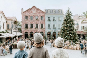 Families gather in a bustling town square adorned with holiday decorations and a beautifully lit Christmas tree. Children enjoy the festivities, wrapped in cozy clothing