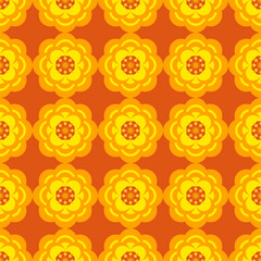Bright yellow floral pattern with layered petals on vivid orange background creating cheerful repeating design