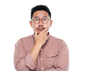Man with thoughtful expression pondering a question about his future, cut out transparent 