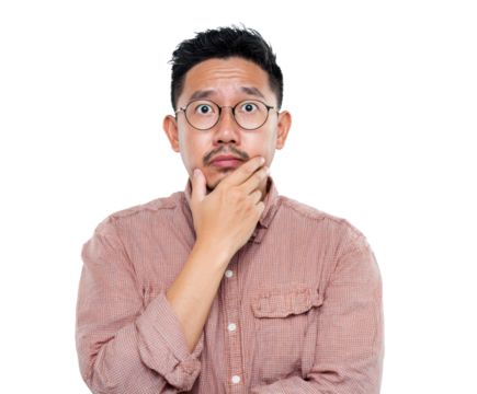 Man with thoughtful expression pondering a question about his future, cut out transparent 