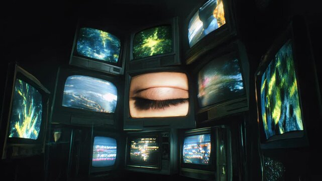 Dramatic TVs stacked on black, the central screen shows a close-up of an eye. Concept of surveillance, Big Brother watching, technology, and digital observation.