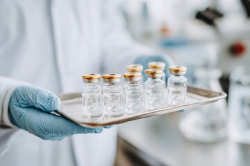 A doctor wearing gloves holds a tray filled with vaccine vials in a well-lit medical laboratory. This moment captures the dedication to public health during a vaccination campaign