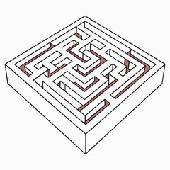 Minimilist isometric view of a square maze with white walls and a reddish brown path on a white background art vector