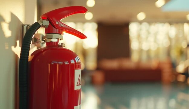 red fire extinguisher mounted on a wall, with sunlight streaming through the background