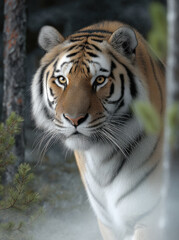 Fototapeta premium Siberian tiger with intense gaze stands in misty forest, surrounded by pine trees and soft natural light, evoking sense of wild majesty