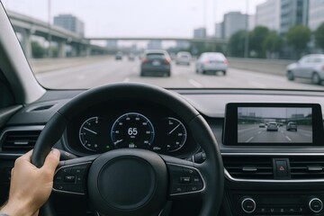 Fototapeta premium Driving on the Highway: POV shot of Driver holding Steering Wheel with Dashboard and Road Ahead
