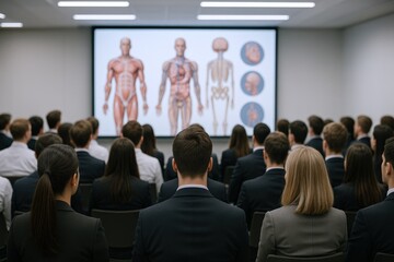 Fototapeta premium Medical Conference Presentation: Anatomy Illustration on Screen, Audience Attending Educational Seminar, Corporate Training