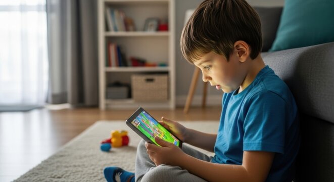 A young boy absorbed in playing a game on his tablet at home indoors - Powered by Adobe