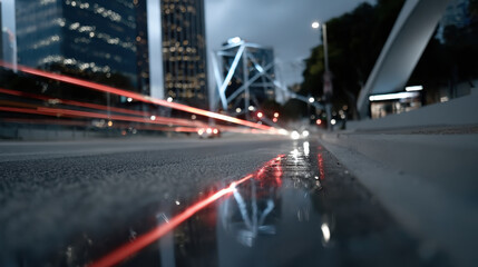 Vibrant red taillights streak across a slick, rain-soaked road, creating a mesmerizing visual as vehicles travel through the urban environment on a gloomy evening.