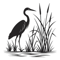 Heron wading through marsh grass silhouette