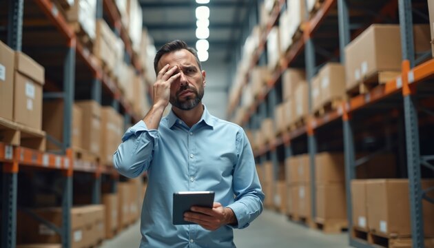Stressed warehouse manager holds tablet, rubs forehead in frustration over inventory management problems. Worried man faces logistics, supply chain issues in busy distribution center with boxes on