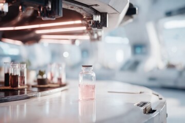 In a cutting-edge underground virus research center, scientists conduct experiments with vibrant solutions in glass containers, surrounded by sophisticated technology and equipped workspaces