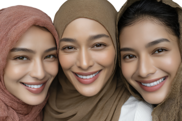 Element Isolated Transparent Three joyful women wearing hijabs smiling together. PNG DIE-CUT for advertising