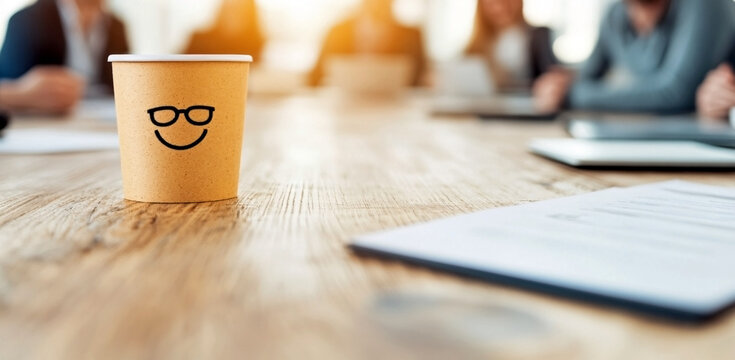 Paper coffee cup with smiling face and glasses illustration placed on wooden table in modern office during business meeting