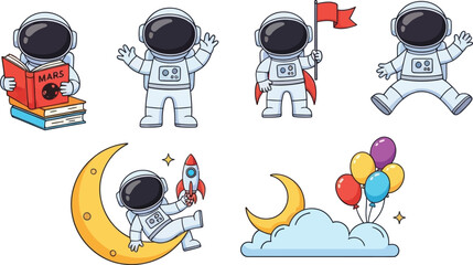 Adorable astronaut collection exploring space adventures with books, rockets and moon dreams playfully © sehrish