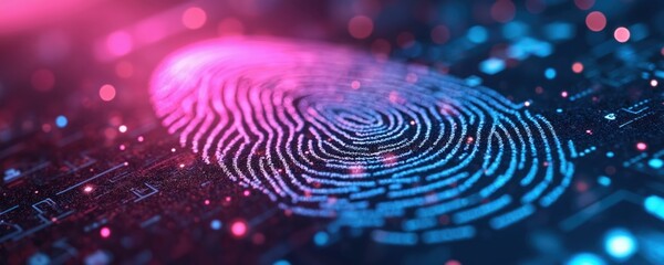 Cybersecurity graphic features glowing fingerprint scan over circuit board background with digital code and abstract light effects. Verifying identity for secure online access and data protection.