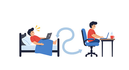 Work From Home Daily Routine: Man Transitioning from Working in Bed to Productive Desk Setup