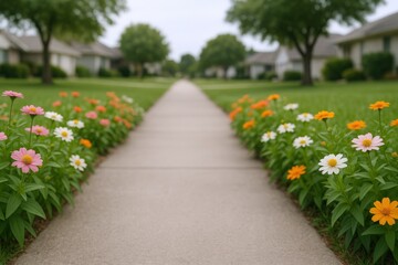 Obraz premium Inviting Pathway Lined with Vibrant Flowers Leading into a Serene Residential Neighborhood on a Sunny Day