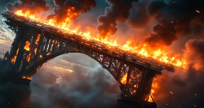 Burning, apocalyptic bridge structure in fiery destruction