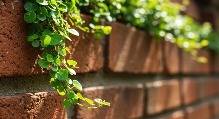 Vibrant green ivy vines cascade down a textured red brick wall bathed in warm sunlight