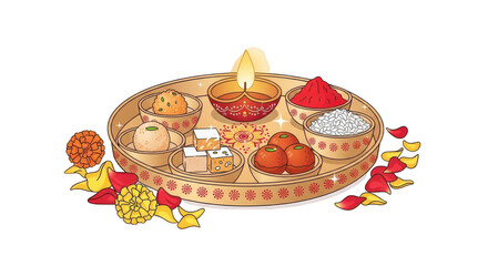 Decorative Diwali Offering Tray with Traditional Sweets and Ritual Items