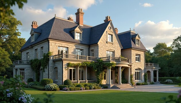 Majestic French Provincial chateau estate elegant European architecture, stone facade. Luxury country manor design features mansard roof, manicured formal gardens. Sophisticated residence offers