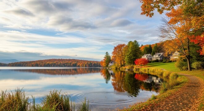Idyllic autumn lakeside scene with reflections and colorful foliage landscape - Powered by Adobe